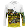 T-shirt anti UV à capuche pêche brochet double, deux esox vert tacheté en pleine eau et bande basse peau marbrée, prénom