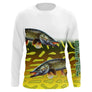 T-shirt anti UV manches longues pêche brochet double, illustration esox et écailles jaune vert, vêtement halieutique