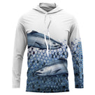 T-shirt anti UV à capuche pêche saumon double, deux salmonidés argentés en pleine eau et bande basse écailles bleu nuit
