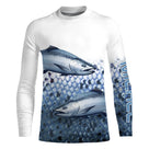 Tee shirt anti UV pêche saumon double prises vue dos, motif écailles bleu marine, vêtement technique saumonier