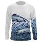 T-shirt anti UV manches longues pêche saumon double, illustration migrateurs et écailles argentées, vêtement halieutique