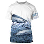 T-shirt manches courtes pêche saumon, design double prises et peau bleu nuit, accessoire personnalisable pour pêcheur