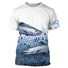 T-shirt manches courtes pêche saumon, design double prises et peau bleu nuit, accessoire personnalisable pour pêcheur