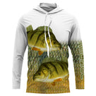 T-shirt anti UV à capuche pêche perche double, deux perches rayées jaune et vert en pleine eau et bande basse écailles
