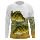 T-shirt anti UV manches longues pêche perche double, illustration carnassiers rayés et écailles vert jaune, vêtement