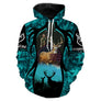 Sweat à capuche chasse cerf camo turquoise, cerf central et silhouettes, vêtement chaud pour chasseur au brame