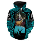 Sweat à capuche chasse cerf camo turquoise, cerf central et silhouettes, vêtement chaud pour chasseur au brame