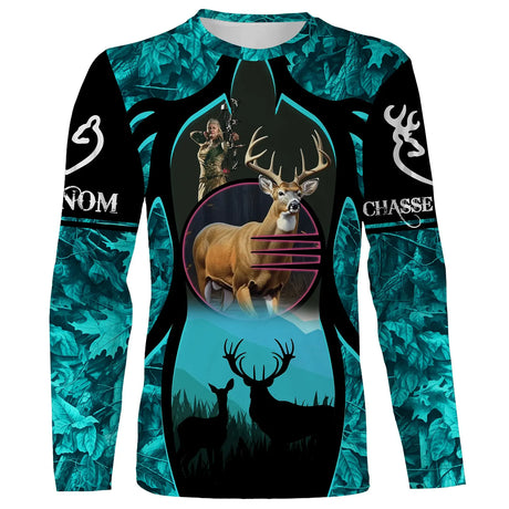 T-shirt chasse cerf turquoise vue de face design original couleur vive, coupe unisexe personnalisable chasseur