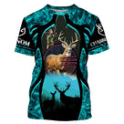 T-shirt chasse cerf camouflage turquoise et noir avec cerf à grand bois central et silhouette de chasseur en tir d affût