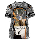 T-shirt chasse cerf camouflage gris brumeux avec grand cerf à bois imposants et faon en arrière-plan, lettrage chasse au cerf