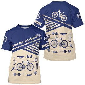 T-shirt cyclisme bleu et beige all-over unisexe avec slogan J'peux pas j'ai vélo, vélos et chaînes