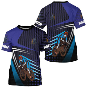 Maillot cyclisme bleu et noir all-over homme avec cycliste BMX urbain et montagne, prénom personnalisé