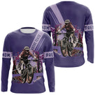 Maillot VTT violet all-over homme avec cycliste VTT en montagne et fleurs colorées, prénom et texte personnalisés
