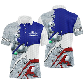 Polo pétanque homme tricolore bleu blanc rouge drapeau France boules dos prénom manche bouliste personnalisé
