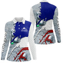 Polo manches longues femme tricolore bleu blanc rouge drapeau France boules dos prénom personnalisé