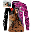 T-shirt Cheval d'Amour femme all-over fond floral rose violet motif photo cheval personnalisée prénom cavalière