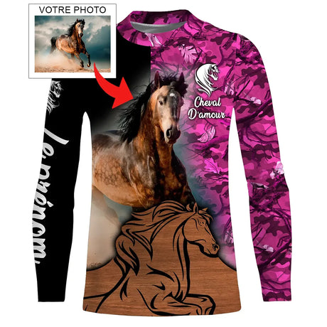 T-shirt Manches Longues Enfant Cadeau Pour Les Amoureux Des Chevaux - Cheval d'Amour - T-shirt 3D Personnalisé Avec Votre Propre Photo - Alpenext - CTS07052212