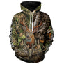 Sweat à capuche chasse cerf camo vert et crâne, design tête vivante et symbolique, vêtement chaud pour chasseur