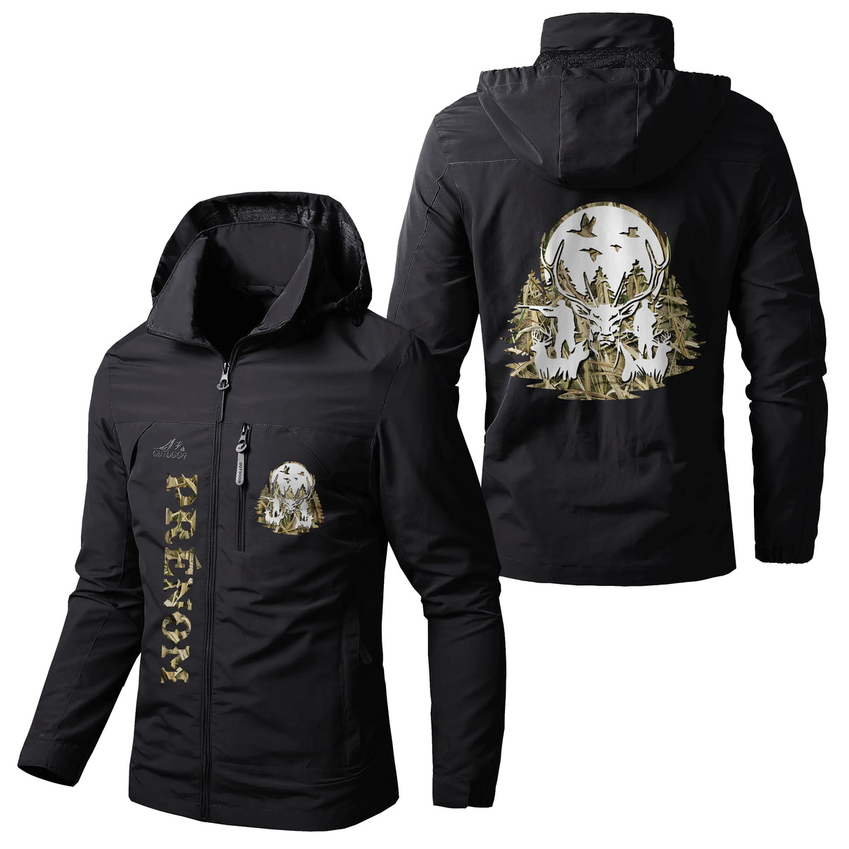 Veste chasse noire à capuche avec motif meute de chiens chasse, prénom personnalisé