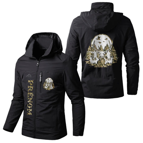 Veste chasse noire à capuche avec motif meute de chiens chasse, prénom personnalisé