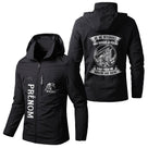 Veste pêche noire à capuche avec slogan Ne me dérangez pas quand je pêche, brochet illustration, prénom personnalisé