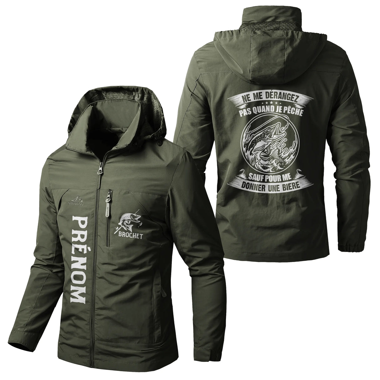 Veste pêche vert militaire à capuche avec slogan brochet humour, prénom personnalisé