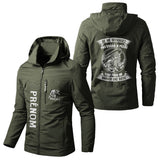 Veste pêche vert militaire à capuche avec slogan brochet humour, prénom personnalisé
