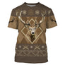 Pull Noël chasse cerf jacquard brun caramel avec grand cerf central encadré et motifs flocons fusils croisés