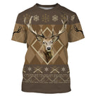 Pull Noël chasse cerf jacquard brun caramel avec grand cerf central encadré et motifs flocons fusils croisés