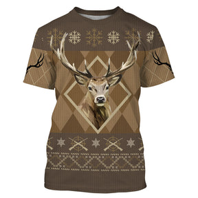 Pull Noël chasse cerf jacquard brun caramel avec grand cerf central encadré et motifs flocons fusils croisés