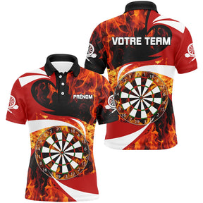 Polo fléchettes rouge et noir homme avec cibles flamboyantes Blaze design incandescent, prénom et équipe personnalisés