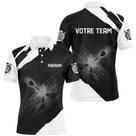 Polo fléchettes noir et blanc homme avec cibles éclatées Cosmic Strike moderne, prénom et équipe personnalisés
