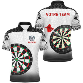 Polo fléchettes blanc et noir homme avec cibles classiques Target Precision élégant, prénom et équipe personnalisés