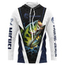 Hoodie capuche anti-UV pêche bar bleu marine et blanc avec bar en attaque et J'peux Pas J'ai Pêche