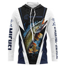 Hoodie capuche anti-UV pêche brochet bleu marine et blanc avec brochet en attaque Brochet Passion