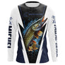 Manches longues anti-UV pêche brochet bleu marine et blanc motif brochet attaque all-over