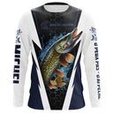 Manches longues anti-UV pêche brochet bleu marine et blanc motif brochet attaque all-over