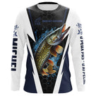 Manches longues anti-UV pêche brochet bleu marine et blanc motif brochet attaque all-over