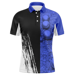 Polo pétanque bleu et noir homme avec boules de pétanque et effet splash dynamique sur le côté