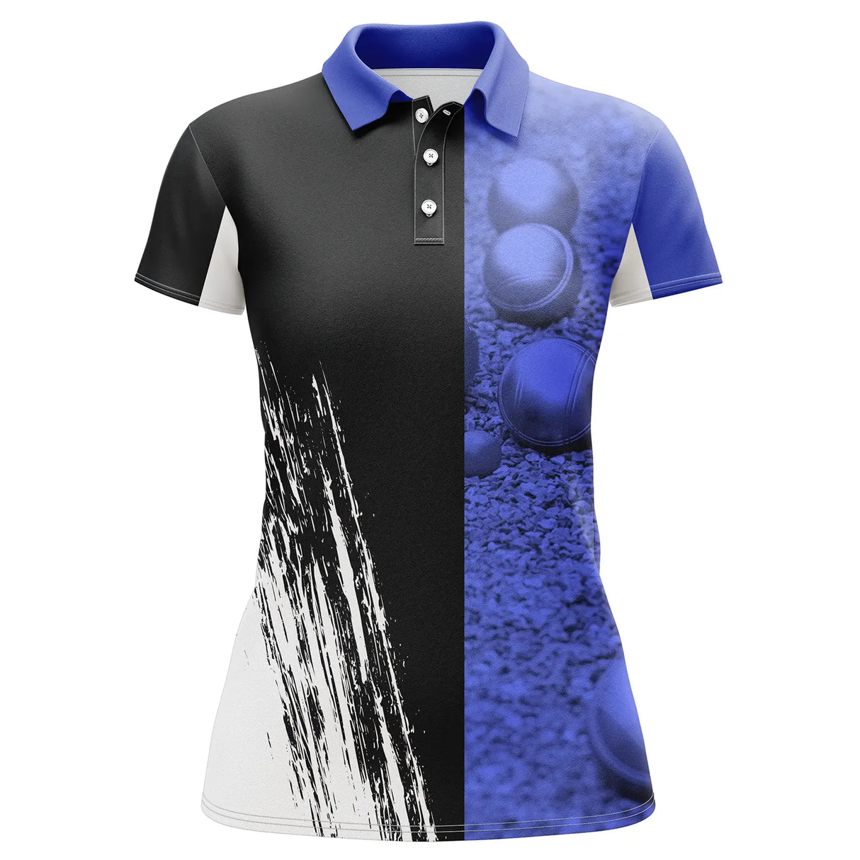Polo pétanque bleu et noir femme avec boules métalliques bleutées et splash éclaboussure