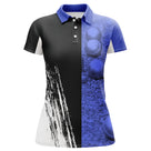 Polo pétanque bleu et noir femme avec boules métalliques bleutées et splash éclaboussure