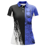 Polo pétanque bleu et noir femme avec boules métalliques bleutées et splash éclaboussure