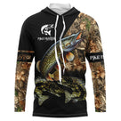 Sweat UV à capuche pêche brochet Pike Hunter camouflage feuilles automne illustration brochet, vue de face