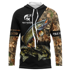 Sweat UV à capuche pêche brochet Pike Hunter camouflage feuilles automne illustration brochet, vue de face