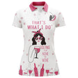 Polo femme golf et vin blanc rose avec golfeuse stylée et lettrage Nine to Wine, motifs balles et bouteilles