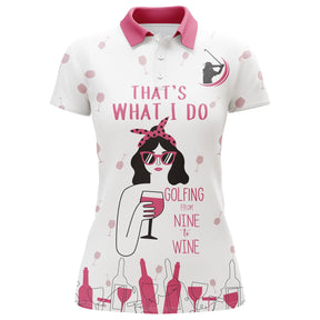 Polo femme golf et vin blanc rose avec golfeuse stylée et lettrage Nine to Wine, motifs balles et bouteilles