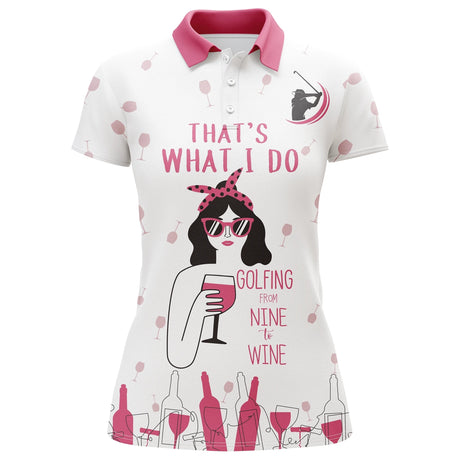 Polo femme golf et vin blanc rose avec golfeuse stylée et lettrage Nine to Wine, motifs balles et bouteilles