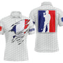 Polo golf personnalisé drapeau France blanc bleu rouge avec drapeau arraché et silhouette golfeur swing, prénom imprimé