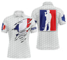 Polo golf personnalisé drapeau France blanc bleu rouge avec drapeau arraché et silhouette golfeur swing, prénom imprimé