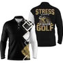 Polo golf manches longues unisexe humour Stress, design all-over noir balle dorée éclaboussée
